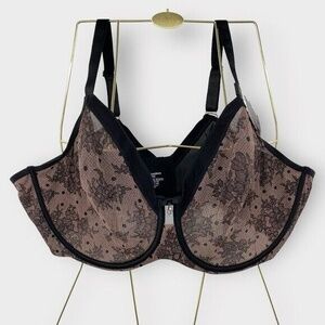 Curvy Couture Sheer Mesh Plunge T-Shirt Bra Women Size 44DDD Black Tan Chantilly